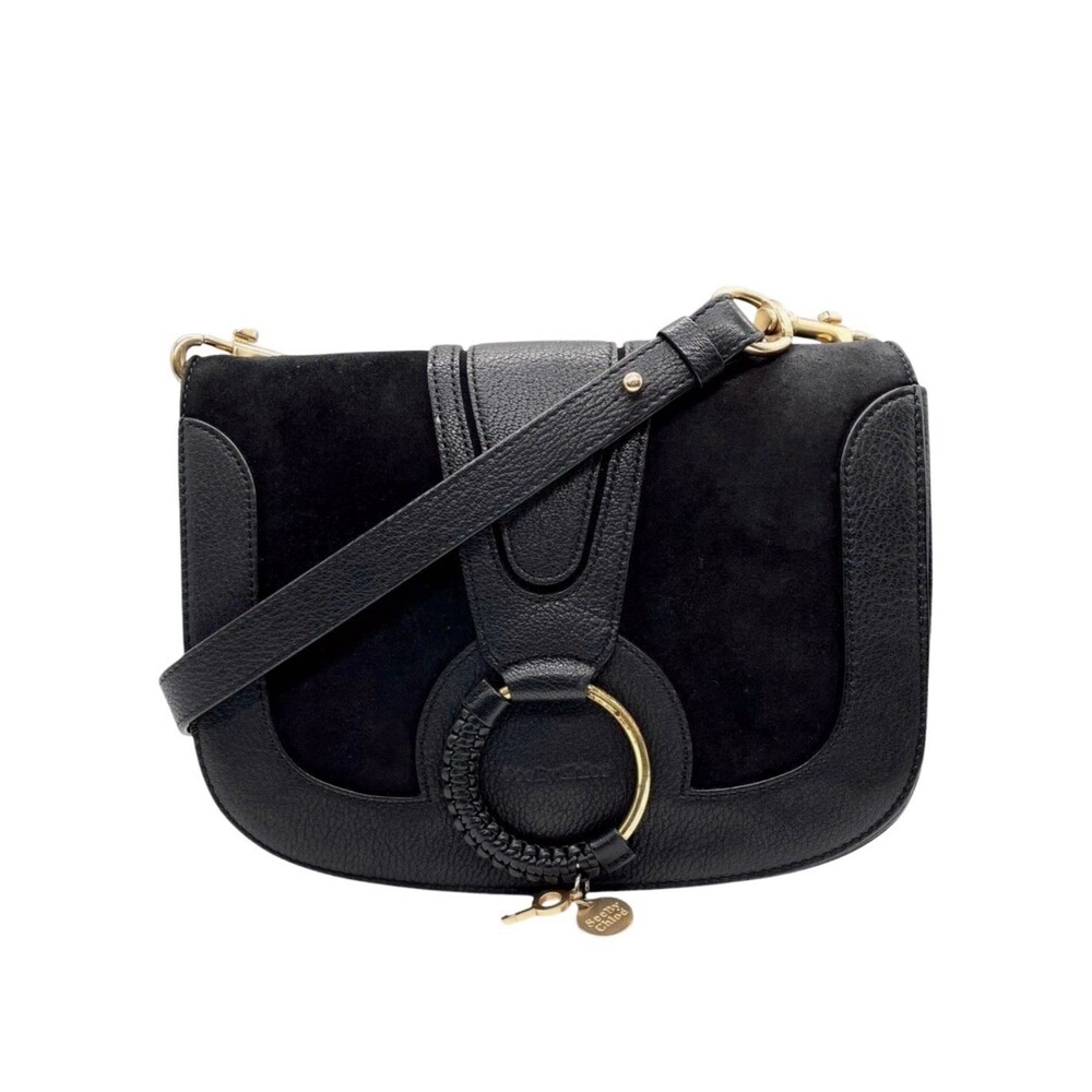 See By Chloe HANA Shoulder Bag Crossbody Black Suede Leather Gold Ring